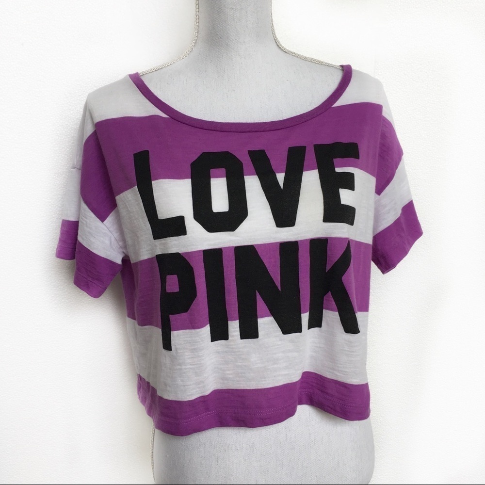 Pink Cropped Short sleeve Tee Love Pink Graphic Purple White